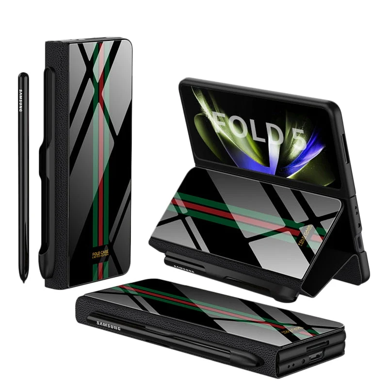 Skanto | Stoßfeste Armor Case Glasabdeckung Ständer Kartenfach Lederhülle für Samsung Galaxy Z Fold 5/4