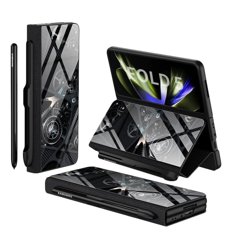 Skanto | Stoßfeste Armor Case Glasabdeckung Ständer Kartenfach Lederhülle für Samsung Galaxy Z Fold 5/4