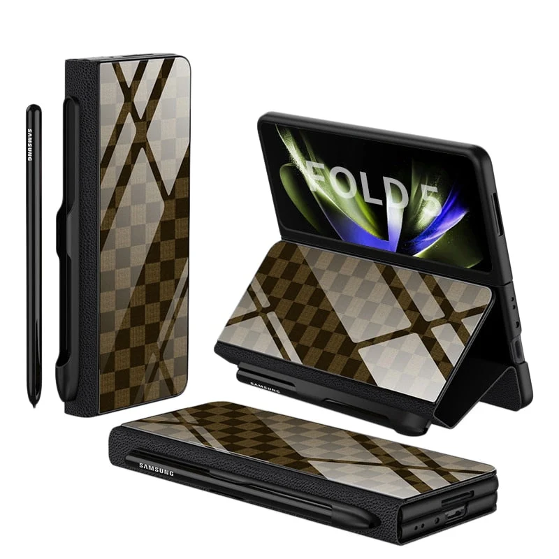 Skanto | Stoßfeste Armor Case Glasabdeckung Ständer Kartenfach Lederhülle für Samsung Galaxy Z Fold 5/4