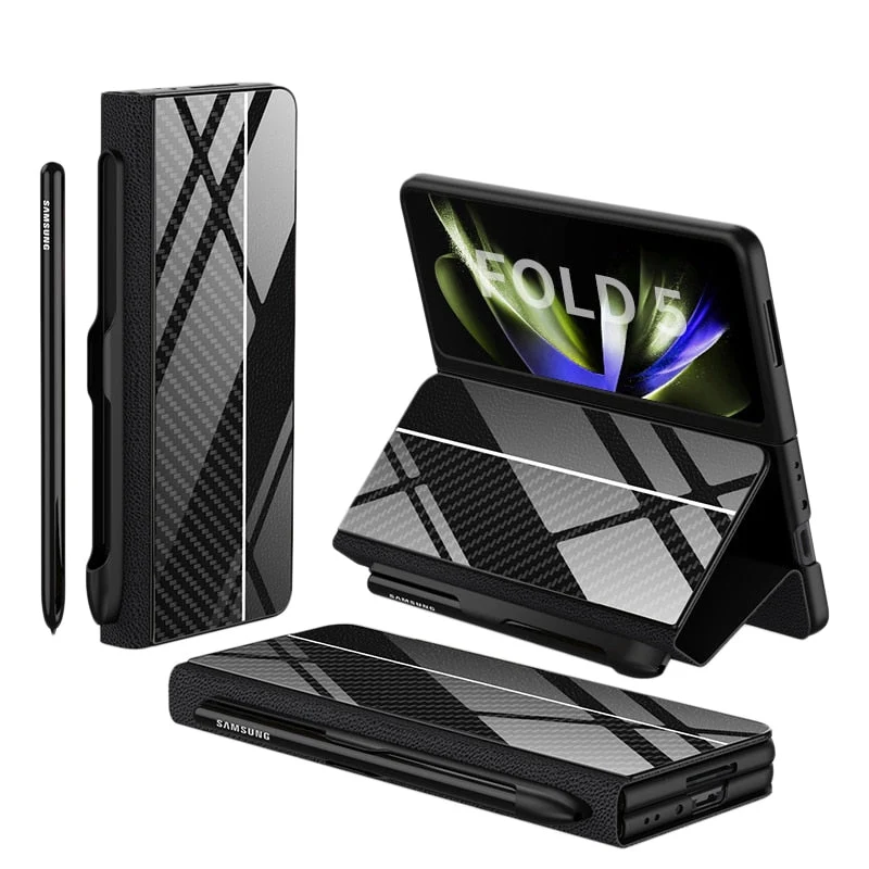Skanto | Stoßfeste Armor Case Glasabdeckung Ständer Kartenfach Lederhülle für Samsung Galaxy Z Fold 5/4