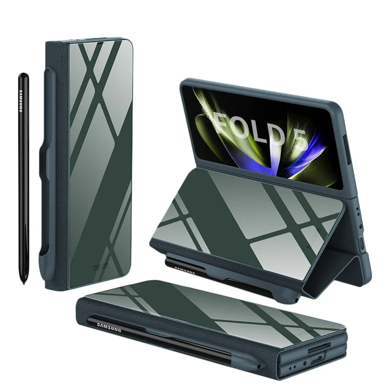 Skanto | Stoßfeste Armor Case Glasabdeckung Ständer Kartenfach Lederhülle für Samsung Galaxy Z Fold 5/4