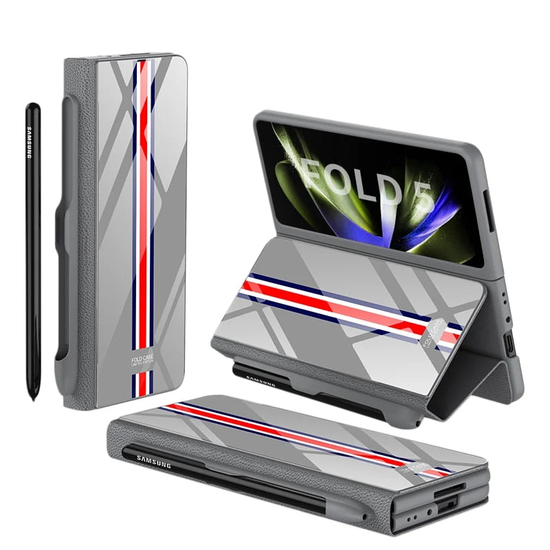 Skanto | Stoßfeste Armor Case Glasabdeckung Ständer Kartenfach Lederhülle für Samsung Galaxy Z Fold 5/4