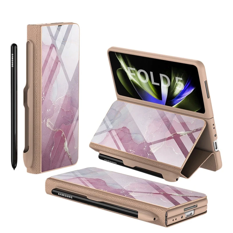 Skanto | Stoßfeste Armor Case Glasabdeckung Ständer Kartenfach Lederhülle für Samsung Galaxy Z Fold 5/4