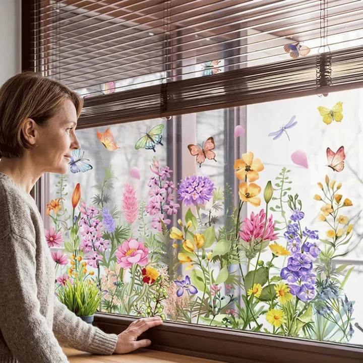BloomVista™ | Fensteraufkleber – Wildblumen & Schmetterlinge, wiederverwendbar & rückstandsfrei