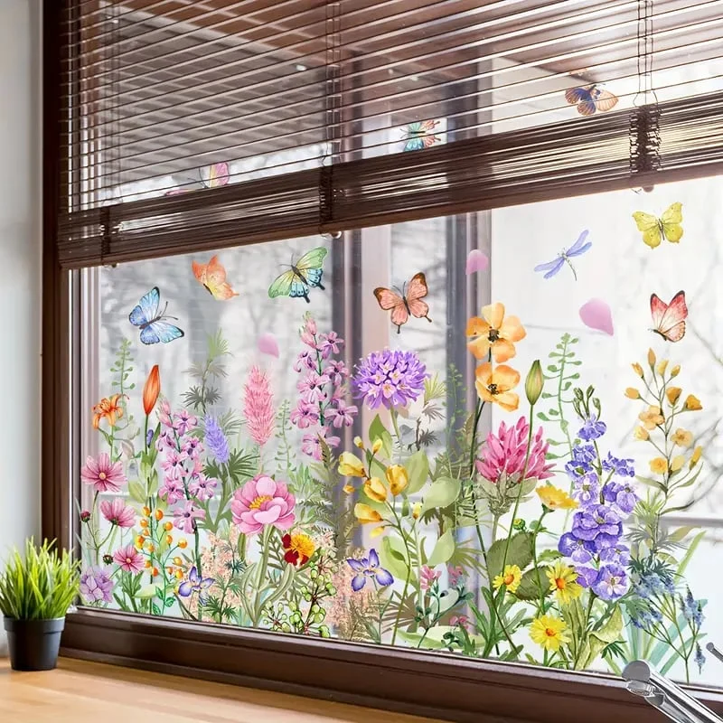 BloomVista™ | Fensteraufkleber – Wildblumen & Schmetterlinge, wiederverwendbar & rückstandsfrei