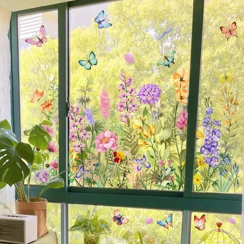 BloomVista™ | Fensteraufkleber – Wildblumen & Schmetterlinge, wiederverwendbar & rückstandsfrei