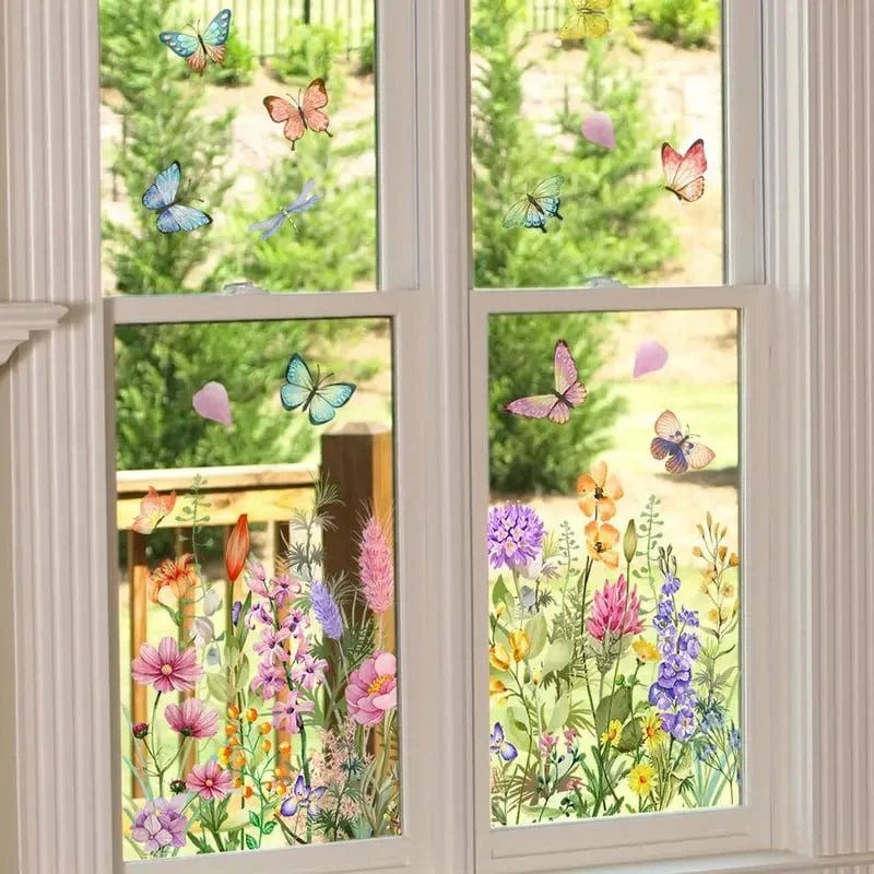 BloomVista™ | Fensteraufkleber – Wildblumen & Schmetterlinge, wiederverwendbar & rückstandsfrei