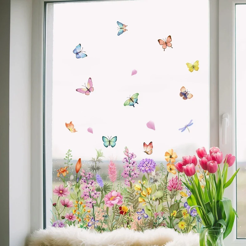 BloomVista™ | Fensteraufkleber – Wildblumen & Schmetterlinge, wiederverwendbar & rückstandsfrei