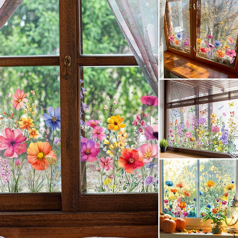 BloomVista™ | Fensteraufkleber – Wildblumen & Schmetterlinge, wiederverwendbar & rückstandsfrei
