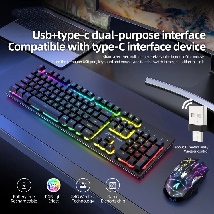 Skanto | Attack Shark T3RGB RGB beleuchtete kabellose Tastatur- und Maus-Kombination (Schwarz)