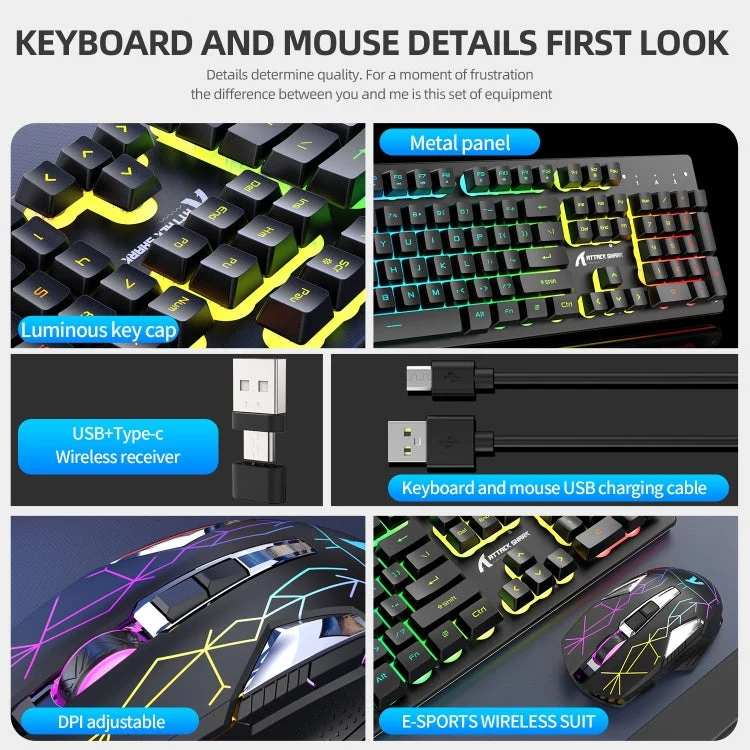 Skanto | Attack Shark T3RGB RGB beleuchtete kabellose Tastatur- und Maus-Kombination (Schwarz)