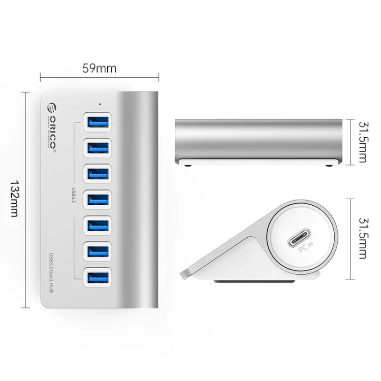 Skanto | ORICO M3U7-G2 Aluminiumlegierung 7-Port USB 3.2 Gen2 10Gbps HUB mit 0,5 m Kabel (Silber)