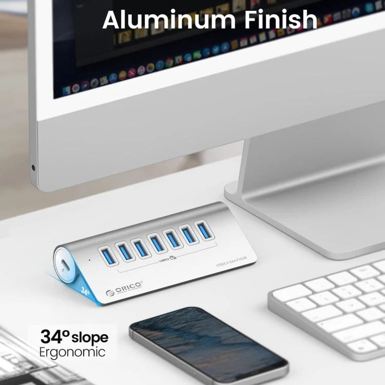 Skanto | ORICO M3U7-G2 Aluminiumlegierung 7-Port USB 3.2 Gen2 10Gbps HUB mit 0,5 m Kabel (Silber)