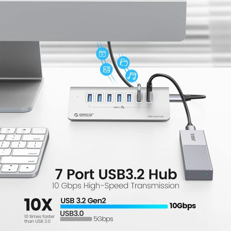 Skanto | ORICO M3U7-G2 Aluminiumlegierung 7-Port USB 3.2 Gen2 10Gbps HUB mit 0,5 m Kabel (Silber)