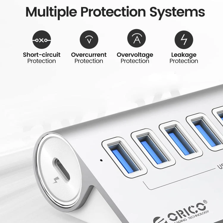 Skanto | ORICO M3U7-G2 Aluminiumlegierung 7-Port USB 3.2 Gen2 10Gbps HUB mit 0,5 m Kabel (Silber)