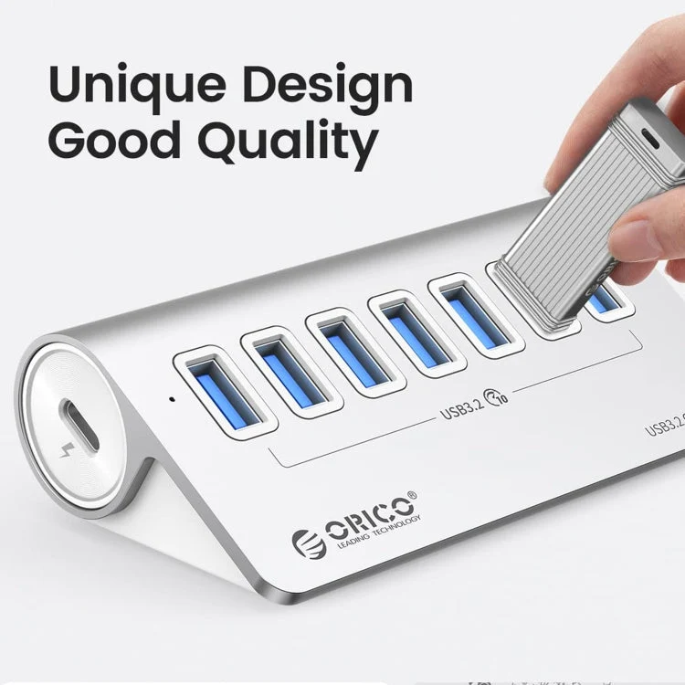 Skanto | ORICO M3U7-G2 Aluminiumlegierung 7-Port USB 3.2 Gen2 10Gbps HUB mit 0,5 m Kabel (Silber)