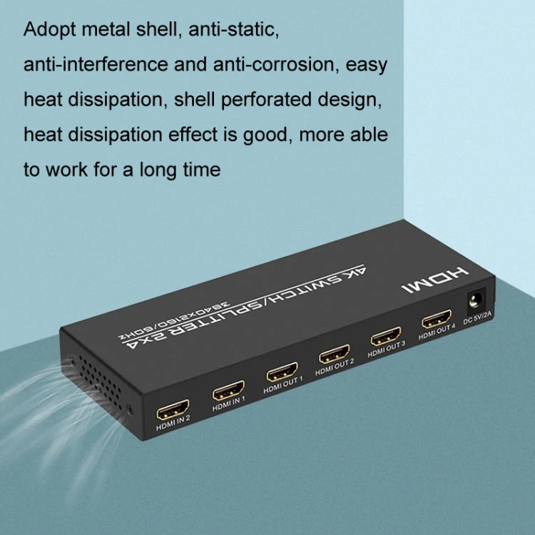 Skanto | FJGEAR FJ-4K204 2 In 4 Out HD 4K Audio HDMI Switch Distributor, Steckertyp: EU-Stecker