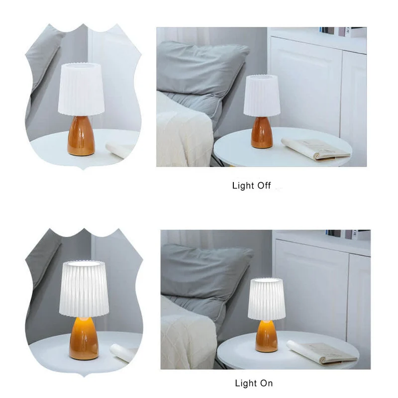 Skanto | Skandinavische Retro-Tischlampe mit plissiertem Schirm und Glasfuß