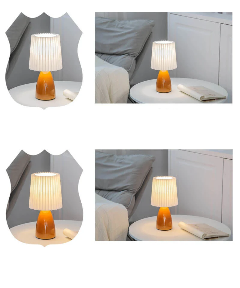Skanto | Skandinavische Retro-Tischlampe mit plissiertem Schirm und Glasfuß
