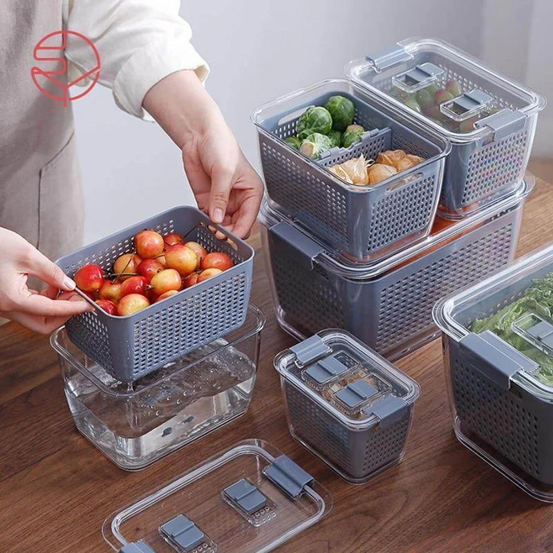 Skanto | Multifunktionale Gemüse- und Obst-Kühlschrank-Abtropf-Organizer-Box mit Deckel
