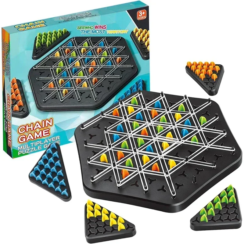 Dreieck-Strategie-Schachspiel für 2-4 Spieler – Familienspaß-Brettspiel für Kinder & Erwachsene mit Gummiband-Herausforderung