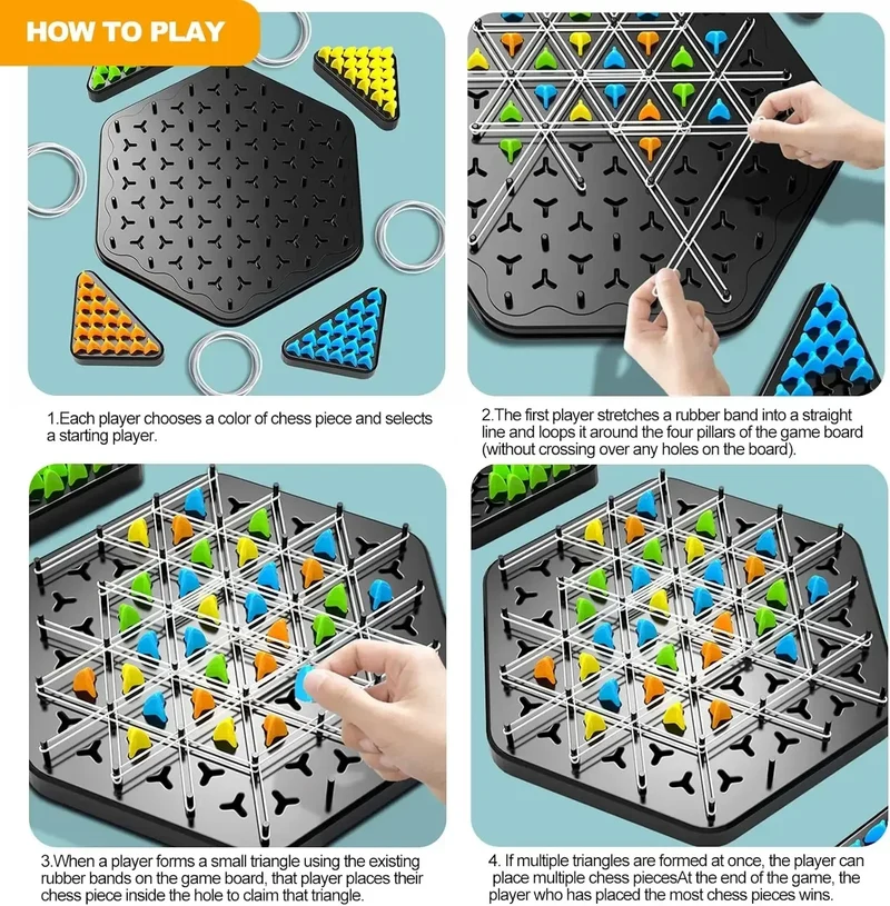 Dreieck-Strategie-Schachspiel für 2-4 Spieler – Familienspaß-Brettspiel für Kinder & Erwachsene mit Gummiband-Herausforderung