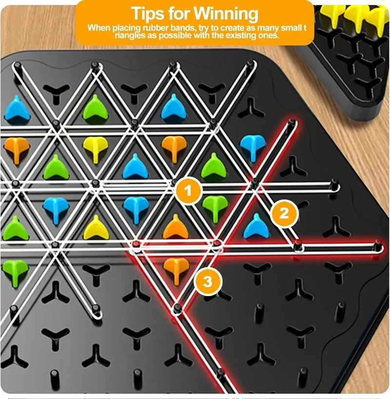 Dreieck-Strategie-Schachspiel für 2-4 Spieler – Familienspaß-Brettspiel für Kinder & Erwachsene mit Gummiband-Herausforderung