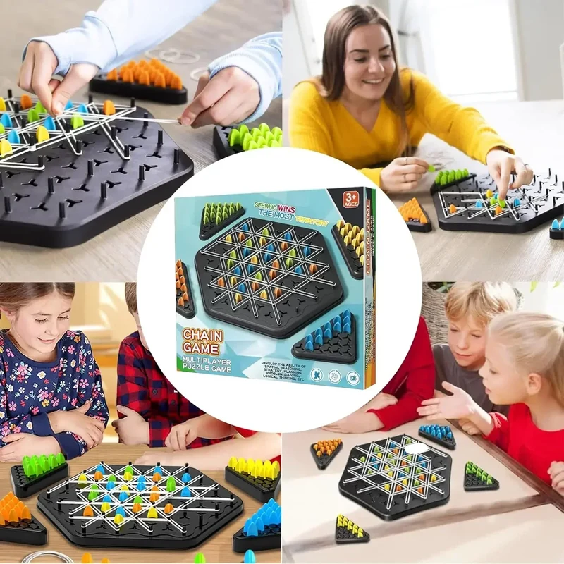 Dreieck-Strategie-Schachspiel für 2-4 Spieler – Familienspaß-Brettspiel für Kinder & Erwachsene mit Gummiband-Herausforderung