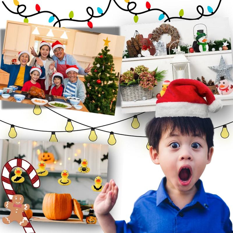 Enten-Adventskalender mit Halloween- und Weihnachtsmotiv