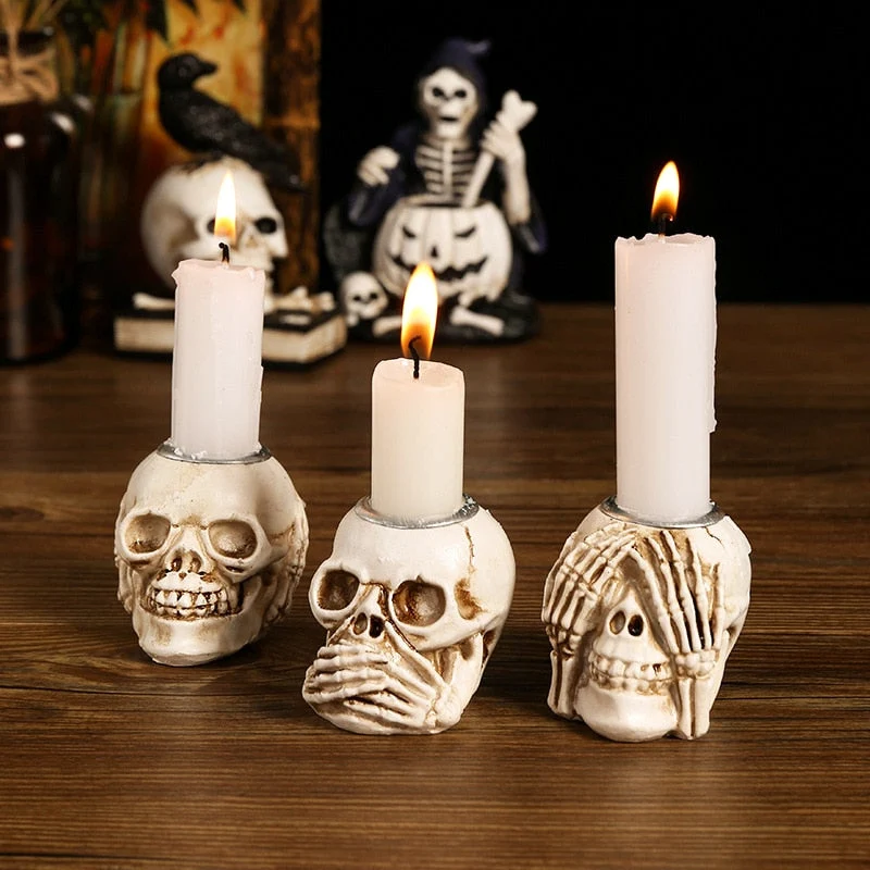 Skanto Totenkopf-Kerzenständer Harz-Ornament Geisterfest Desktop Veranda Dekoration Geschenk Heimdekoration