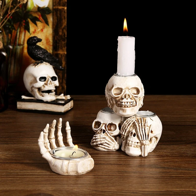 Skanto Totenkopf-Kerzenständer Harz-Ornament Geisterfest Desktop Veranda Dekoration Geschenk Heimdekoration
