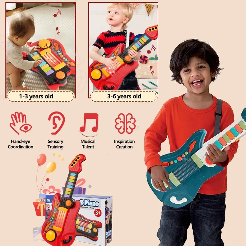 Multifunktionales 3-in-1 Musikspielzeug – Faltbare Gitarre, Klavier & Schlagzeug-Set, perfektes Geburtstagsgeschenk für Jungen & Mädchen ab 3 Jahren