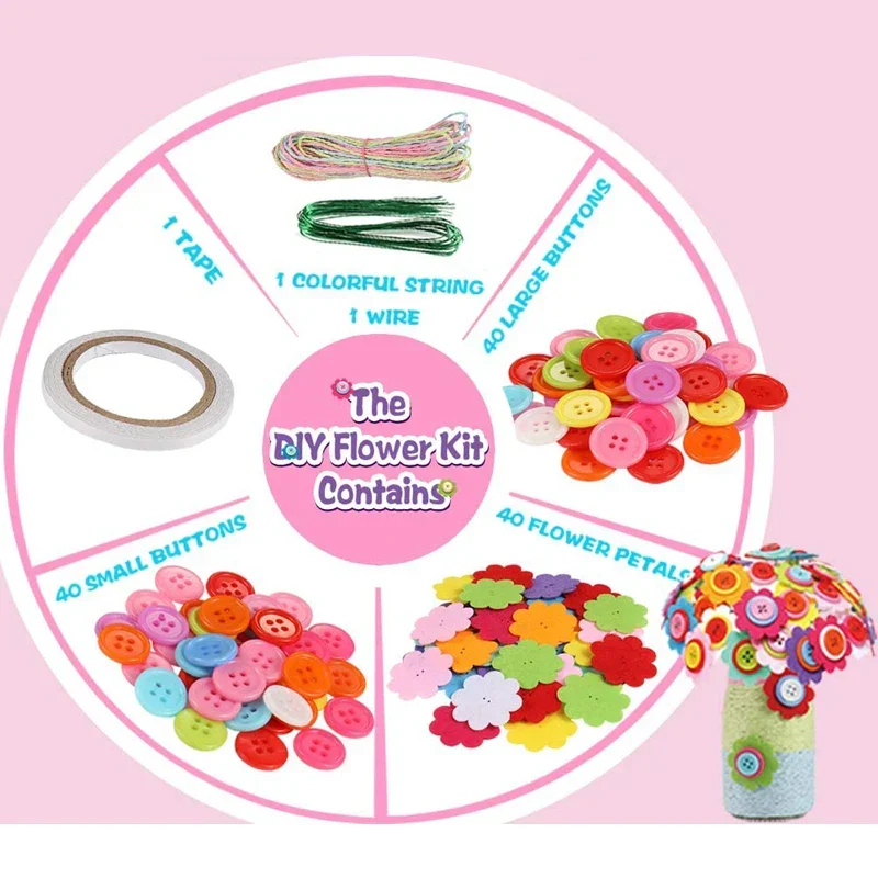 Knöpfe & Filzblumenstrauß Bastelset – DIY Vasen-Kunstprojekt für Kinder, kreatives Aktivitätsgeschenk für Jungen & Mädchen