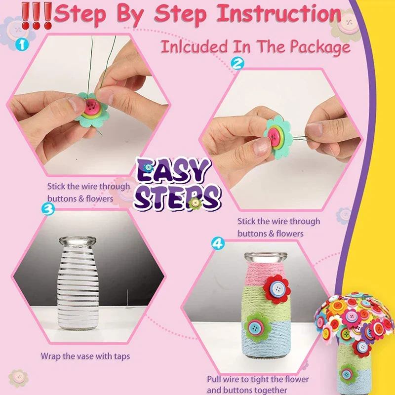 Knöpfe & Filzblumenstrauß Bastelset – DIY Vasen-Kunstprojekt für Kinder, kreatives Aktivitätsgeschenk für Jungen & Mädchen