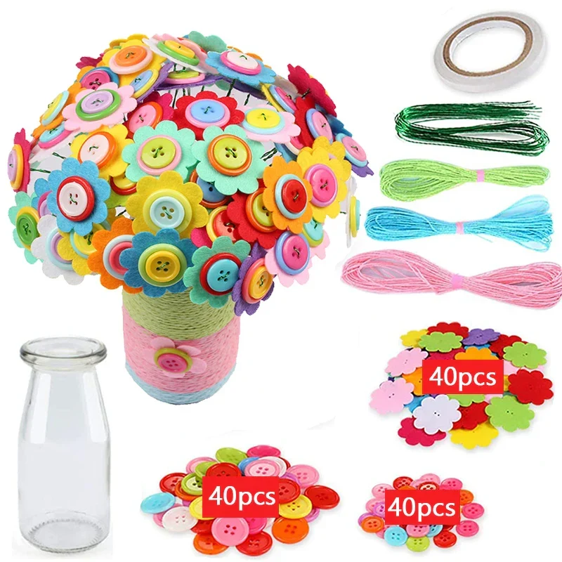 Knöpfe & Filzblumenstrauß Bastelset – DIY Vasen-Kunstprojekt für Kinder, kreatives Aktivitätsgeschenk für Jungen & Mädchen