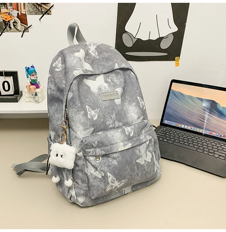 Cord-Schulrucksack mit Schmetterlingsdruck