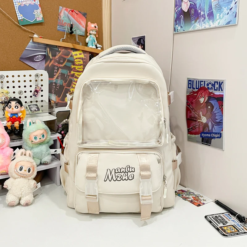 Schulrucksack mit transparentem Fach und mehreren Taschen