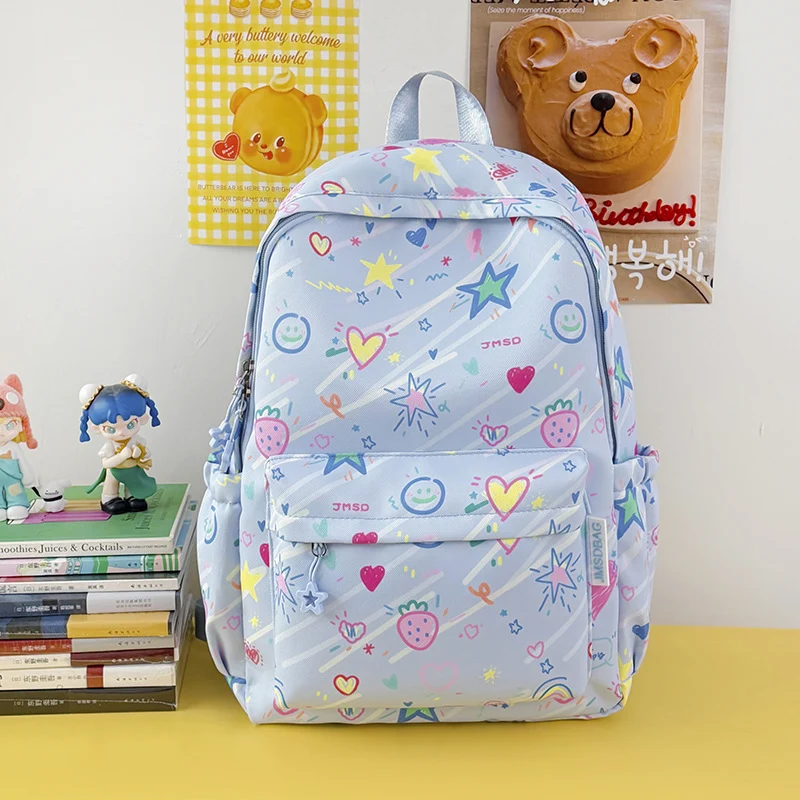Schulrucksack im Cartoon-Stil mit vielen Taschen