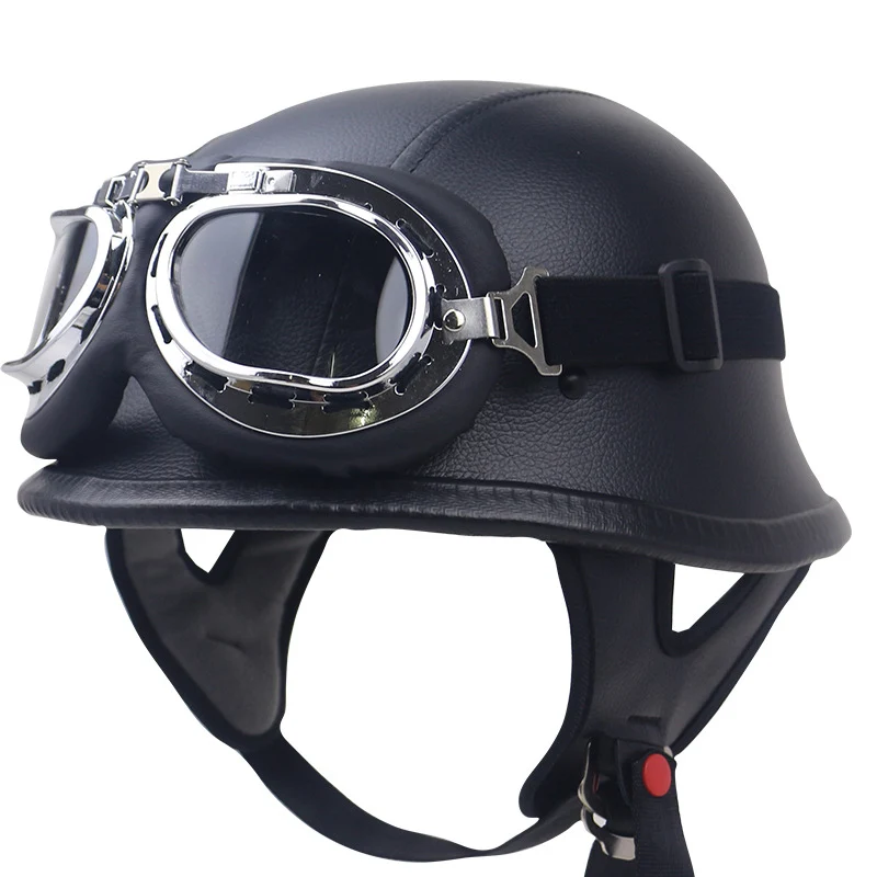Vintage Leder Motorradhelm mit Brille Skanto