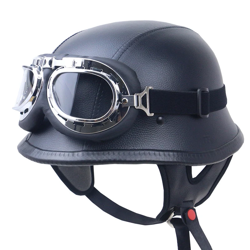 Vintage Leder Motorradhelm mit Brille Skanto