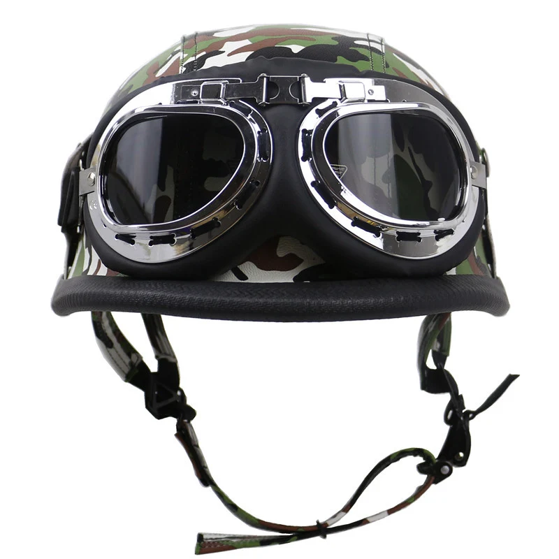Vintage Leder Motorradhelm mit Brille Skanto