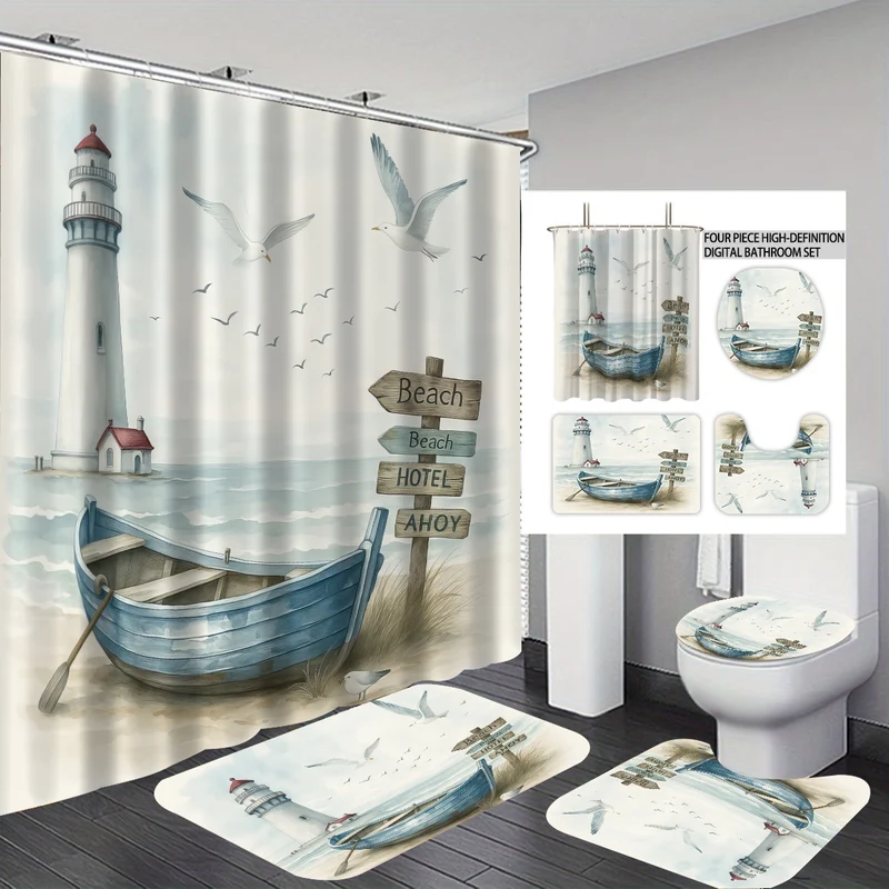 4-teiliges Badezimmer-Set im Küsten-Leuchtturm-Design Skanto