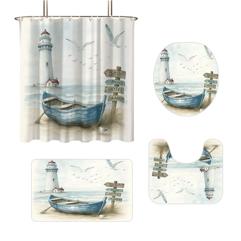 4-teiliges Badezimmer-Set im Küsten-Leuchtturm-Design Skanto
