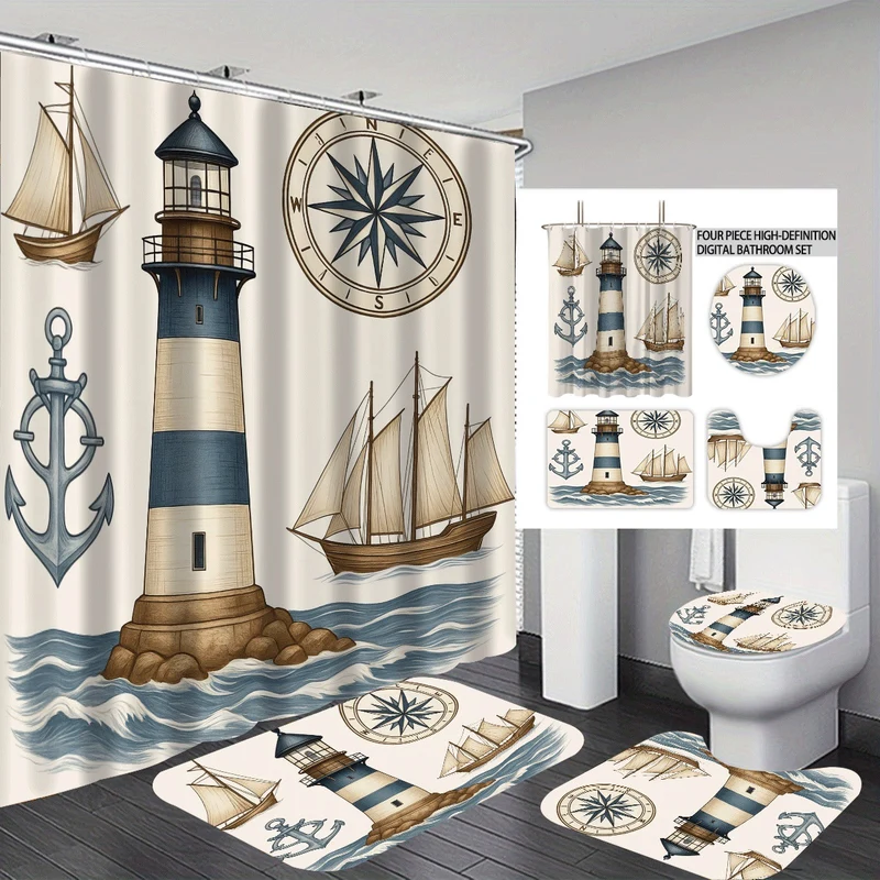 4-teiliges Badezimmer-Set im Küsten-Leuchtturm-Design Skanto