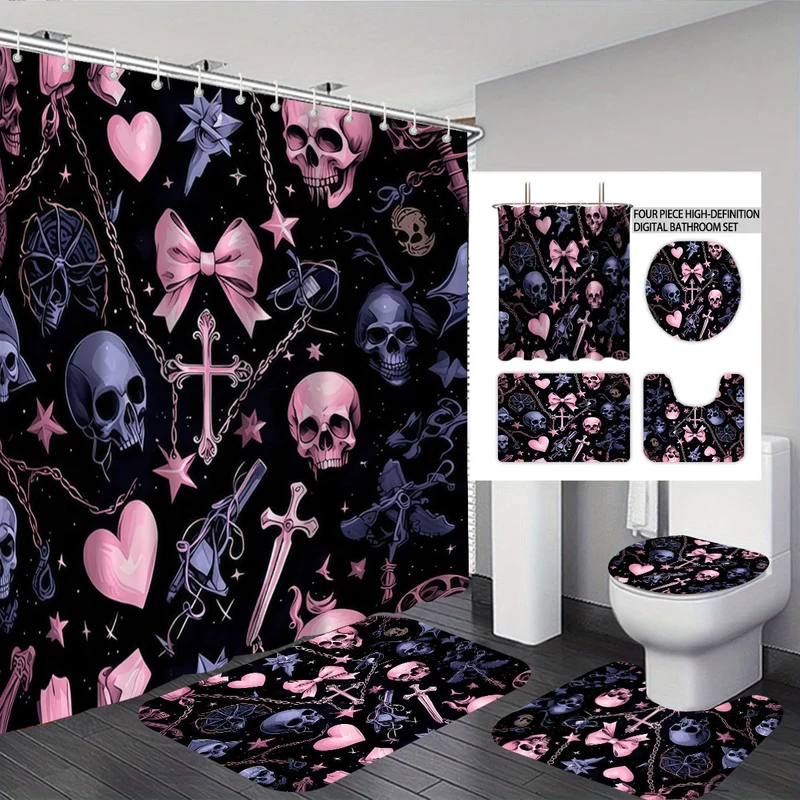 Badezimmer-Set mit künstlerischem Totenkopf- und Blumenmotiv Skanto