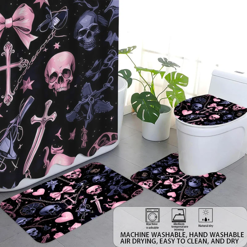 Badezimmer-Set mit künstlerischem Totenkopf- und Blumenmotiv Skanto