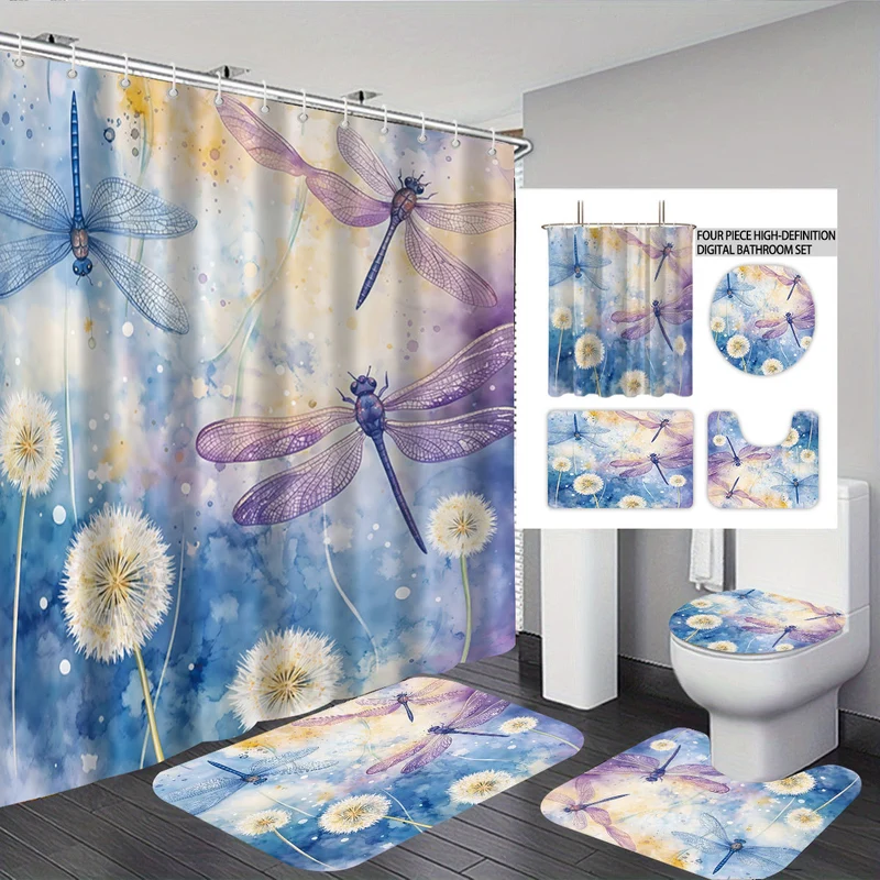 Vierteiliges Digitales Badezimmer-Set mit künstlerischem Libellenmotiv Skanto
