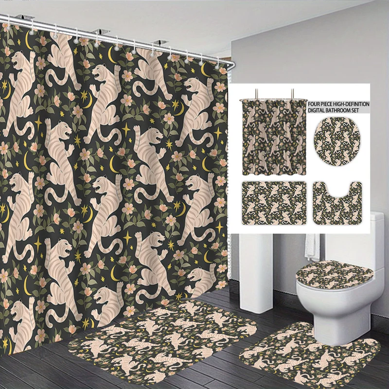 Künstlerisches High-Definition Badezimmer-Deko-Set Skanto mit Leopard- und Rosenmotiv