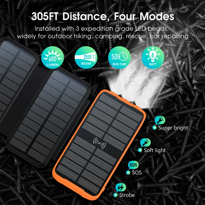 Tragbare Solar Powerbank mit kabelloser Ladefunktion und LED-Lampe Skanto
