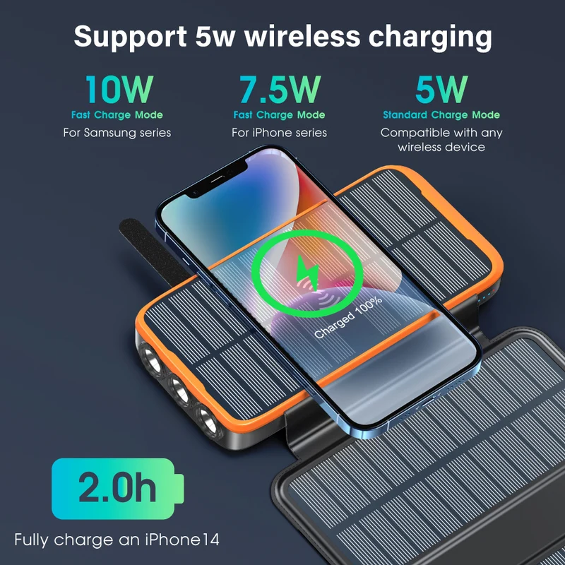 Tragbare Solar Powerbank mit kabelloser Ladefunktion und LED-Lampe Skanto